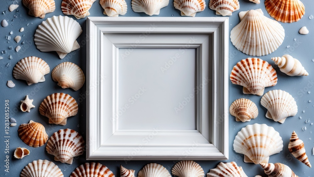 Poster seashells flat lay arrangement with a blank picture frame on a blue background with copy space for t