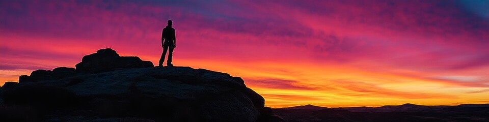 Fototapeta premium A solitary figure stands atop a rugged cliff, silhouetted against a breathtaking sunset filled with vibrant hues of orange and purple, symbolizing resilience and the spirit of exploration