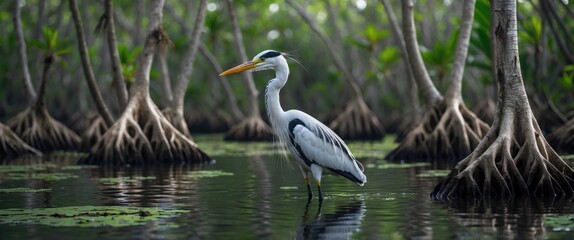 Heron standing in a mangrove forest with visible roots reflected in calm water Copy Space