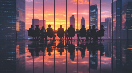 In the high-rise office, businessmen are having a meeting