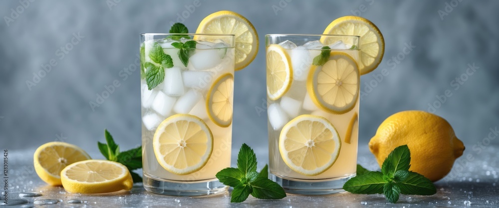 Poster lemonade with slices of lemon and fresh mint leaves in two glasses on a reflective surface with lemo