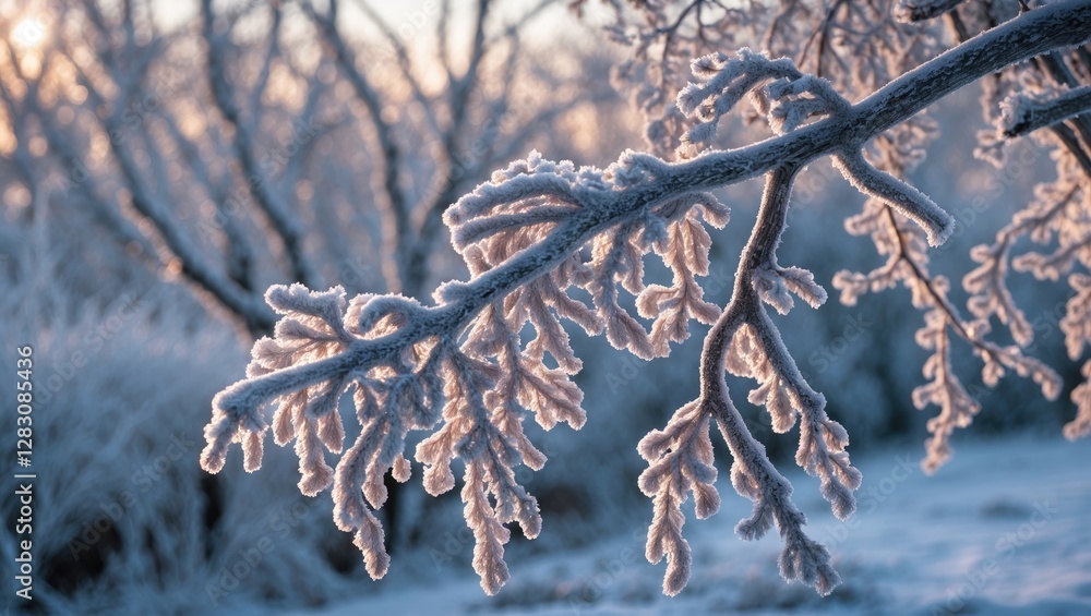 Poster frost-covered tree branches in a winter landscape with sunlight creating a soft glow in the backgrou