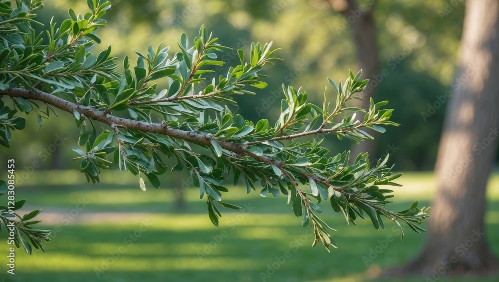 Poster green foliage branch in focus with blurred natural background of park setting under daylight. bright
