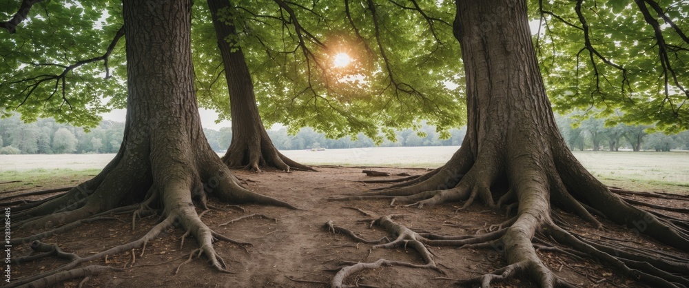 Poster sunlight filtering through lush green foliage of large trees with exposed roots in a forested cleari