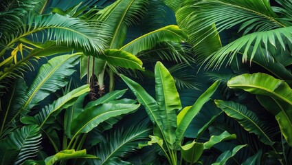 Tropical green plant leaves background with varying shapes and sizes ideal for nature themes and designs Copy Space