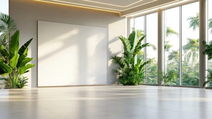 Fototapeta premium Modern Room Design Featuring Large Blank Canvas And Tropical Plants
