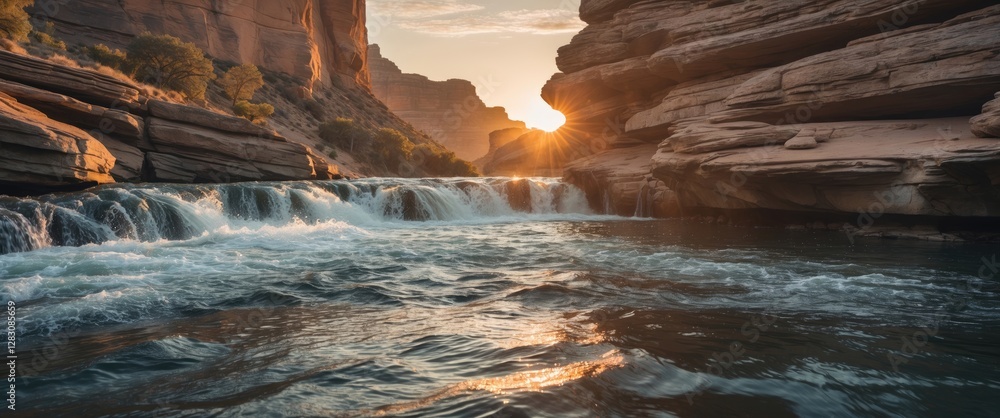 Poster sunset over river flowing between canyon walls with cascading water and reflections on surface. copy