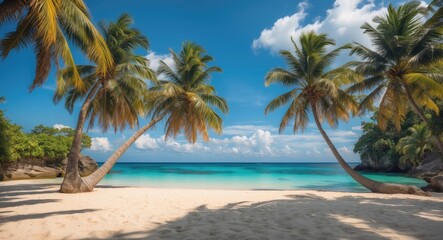 Tropical beach with palm trees and clear blue water under a bright sky, ideal for travel and vacation themes, Copy Space