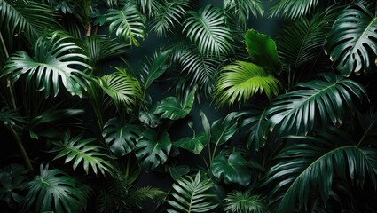 Lush tropical green foliage background featuring various Monstera and palm leaves with dark backdrop and ample copy space