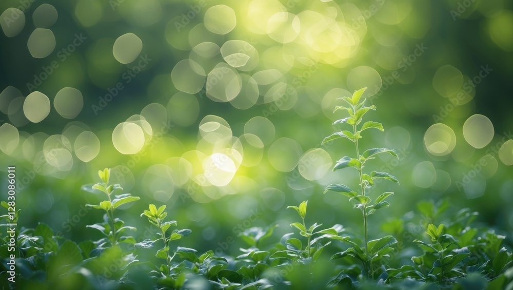 Poster green foliage with blurred bokeh background and soft light creating a natural and fresh atmosphere i