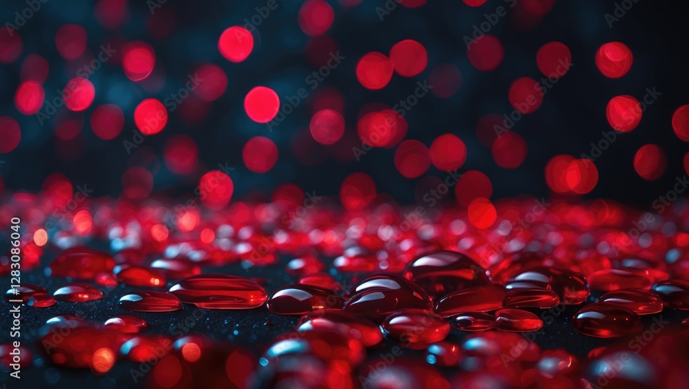 Poster red droplets of water on a dark surface with bokeh effect created by blurred red lights in the backg