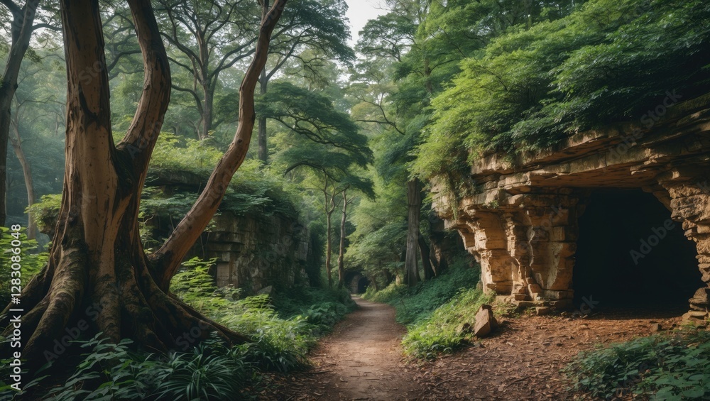 Aufkleber lush forest pathway with moss-covered rock formations and large trees in atmospheric light, natural 
