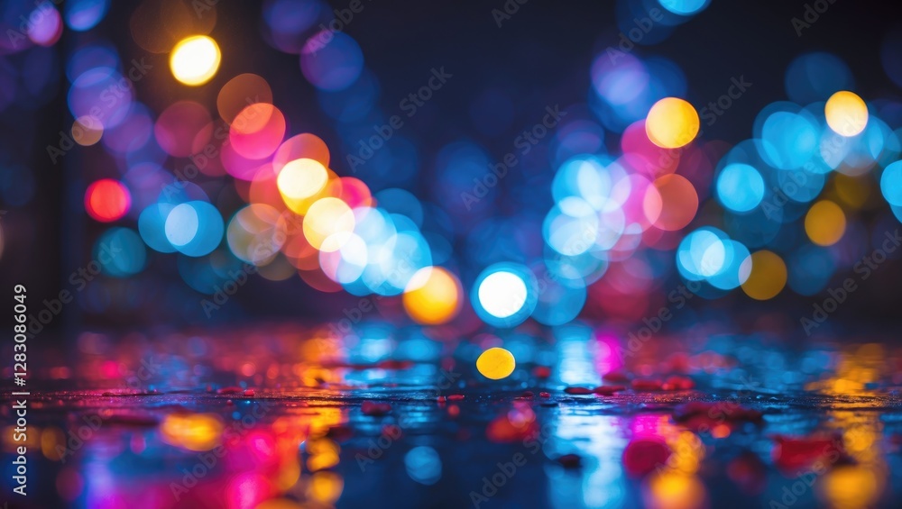 Poster colorful bokeh lights reflecting on wet pavement at night creating a vibrant abstract background wit