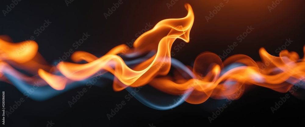 Poster colorful abstract flame patterns with orange and blue hues on a dark background creating a sense of 
