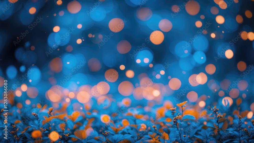 Poster blue and orange bokeh lights with lush greenery in the foreground creating a vibrant and colorful ab