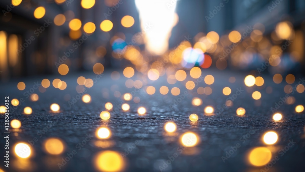 Poster city street with blurred bokeh lights and glowing orbs creating an abstract urban evening scene. ide