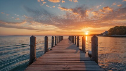 Obraz premium Wooden pier extending into calm water at sunset with colorful sky and puffy clouds reflecting on the surface, Copy Space