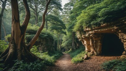 Fototapeta premium Lush forest pathway with moss-covered rock formations and large trees in atmospheric light, natural scenery with copy space for text