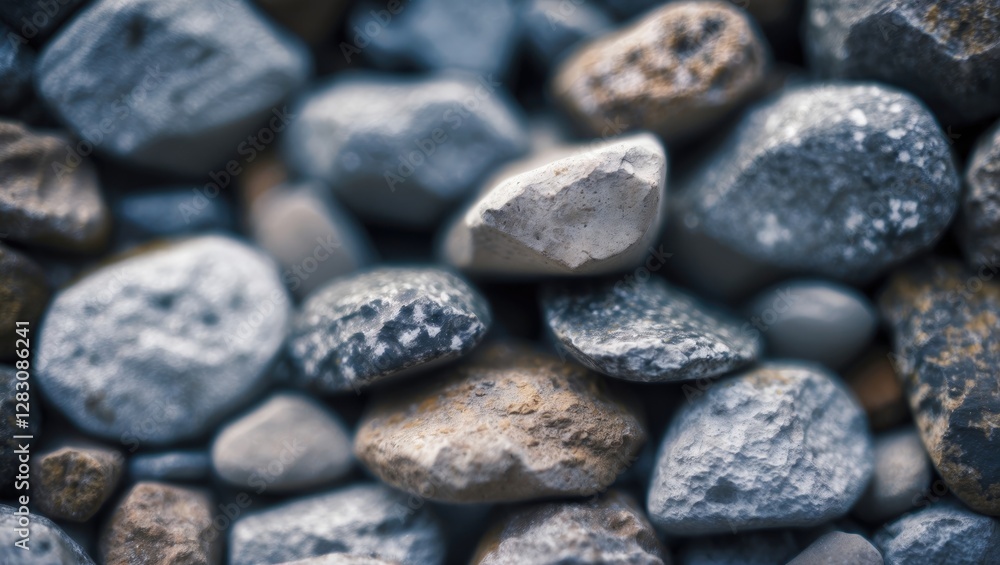 Poster close-up view of various smooth pebbles and rocks in different shades of gray and brown scattered on