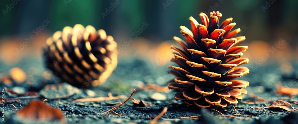 Poster pinecones on forest ground surrounded by fallen leaves in a shallow depth of field with blurred back