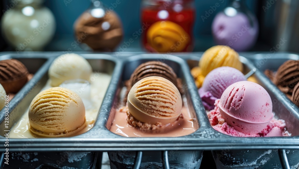 Poster assorted ice cream scoops in metal trays with vibrant colors and textures in a display setting copy 