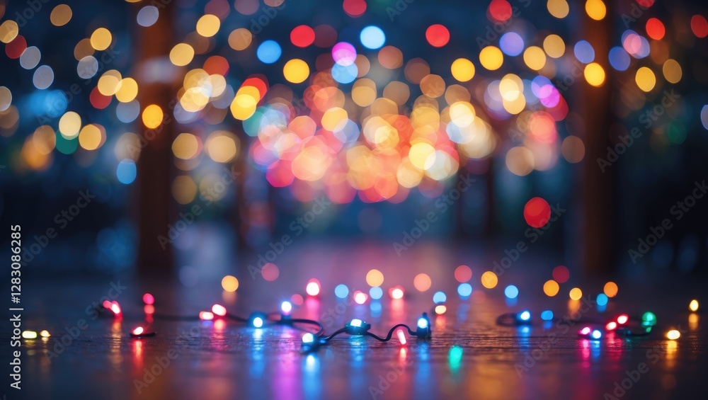 Poster colorful bokeh lights and festive string lights on the ground in a blurred background with a warm am