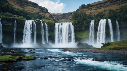 Fototapeta premium Majestic waterfall cascading down cliffs surrounded by lush greenery and vibrant blue river with dramatic sky in background Copy Space