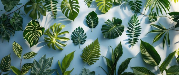 Various green leaves arranged on a light blue background with natural lighting and shadows.