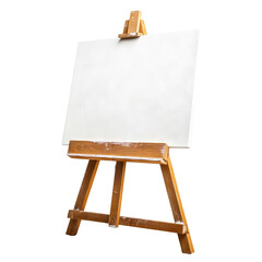 Wooden easel with a blank white canvas, isolated on transparent cutout background