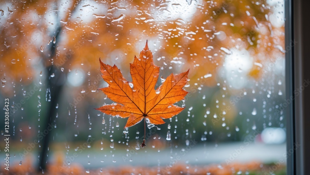 Aufkleber autumn maple leaf stuck on a raindrop-covered window with blurred fall colors in the background