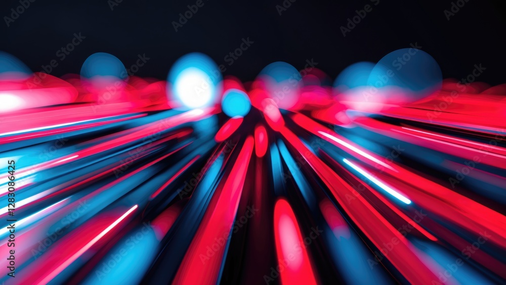 Poster abstract light streaks in red and blue colors creating a dynamic motion effect against a dark backgr