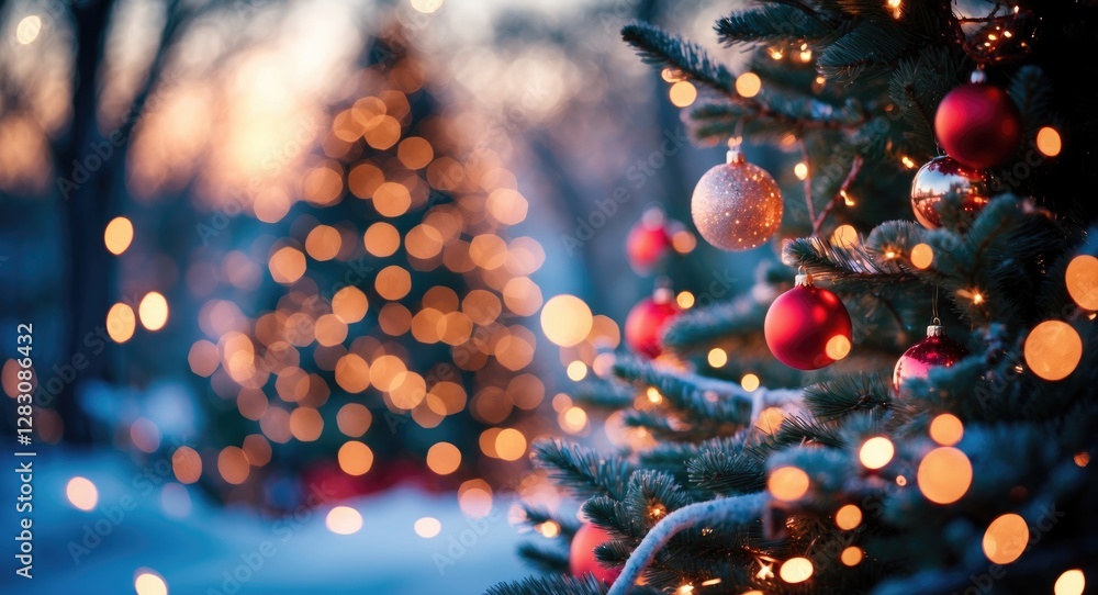 Poster christmas tree with ornaments and lights in winter evening setting with blurred background of additi
