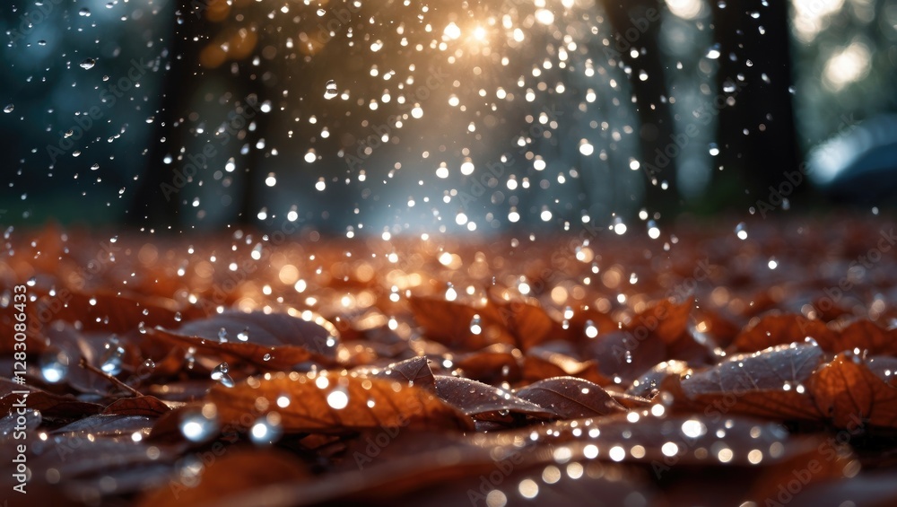 Poster raindrops falling on orange and brown autumn leaves with sunlight in the background creating a spark