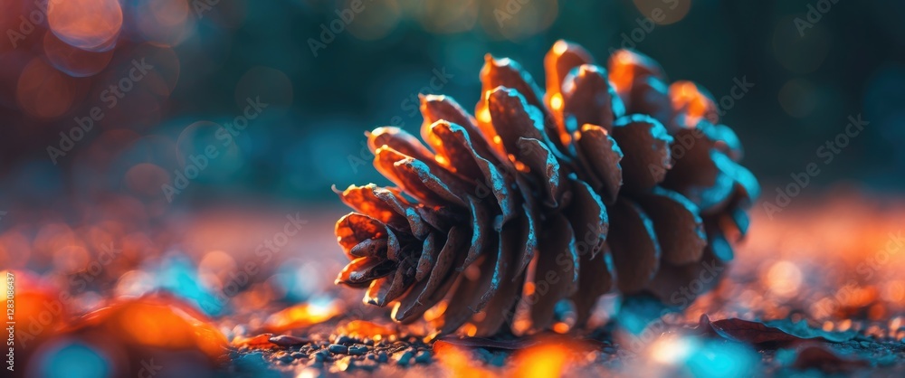 Poster pine cone on forest floor with colorful bokeh background in warm lighting natural scenery close-up p