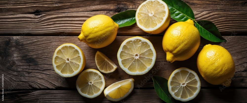 Poster fresh lemons with leaves cut into various slices on rustic wooden table background with copy space f