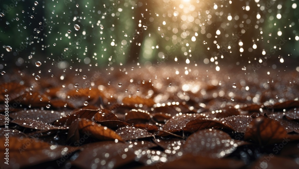 Poster autumn leaves covered in raindrops with sunlight filtering through trees creating a natural backgrou