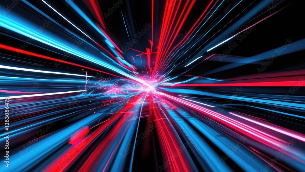 Poster abstract light trails in red and blue colors creating a dynamic sense of movement on a dark backgrou