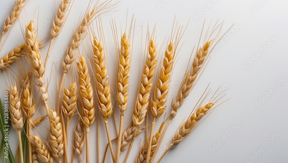 Poster dried wheat ears arranged on light background with copy space for text or design elements