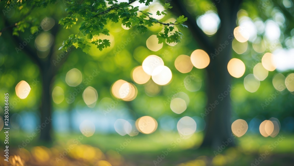 Poster abstract bokeh background with soft green foliage and circular light highlights in a natural outdoor