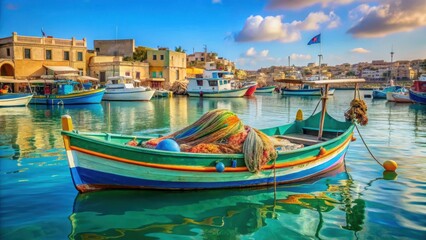 Obraz premium Traditional fishing boat Luzzu in Marsaxlokk harbor with colorful nets and ropes
