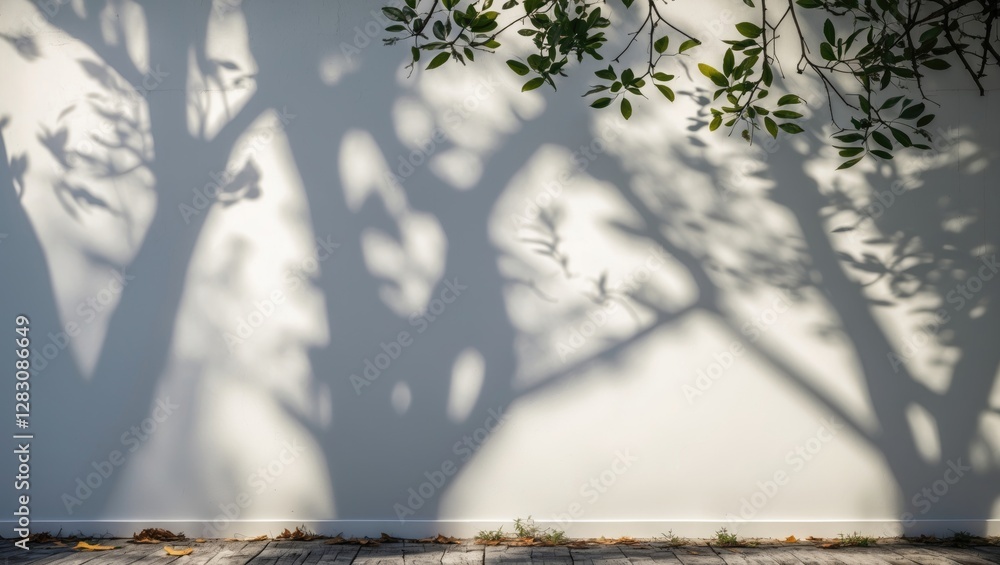 Poster shadows of tree branches and leaves cast on a white wall with a wooden floor creating a natural patt