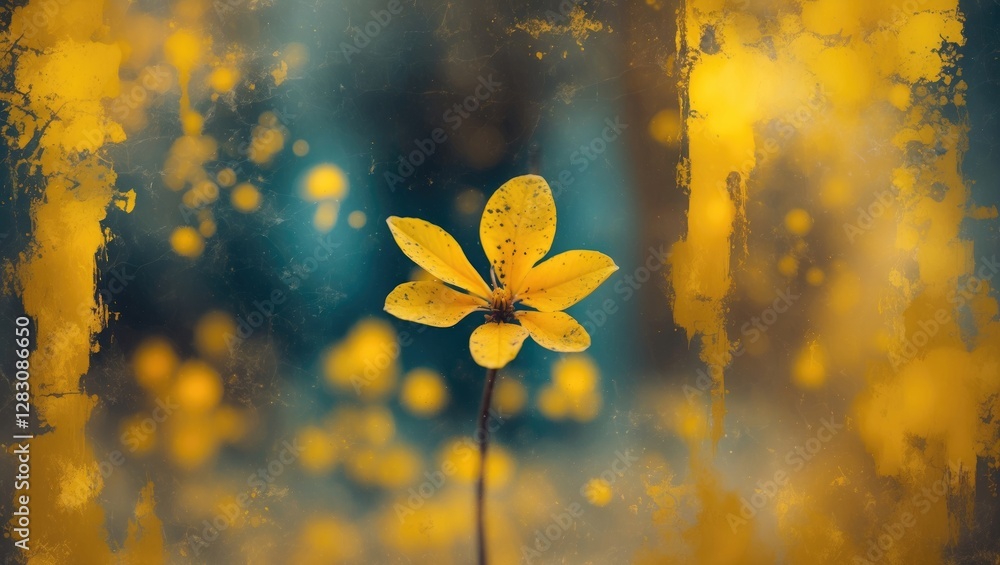 Poster close-up of single yellow flower with blurred colorful background and textured effects in soft focus