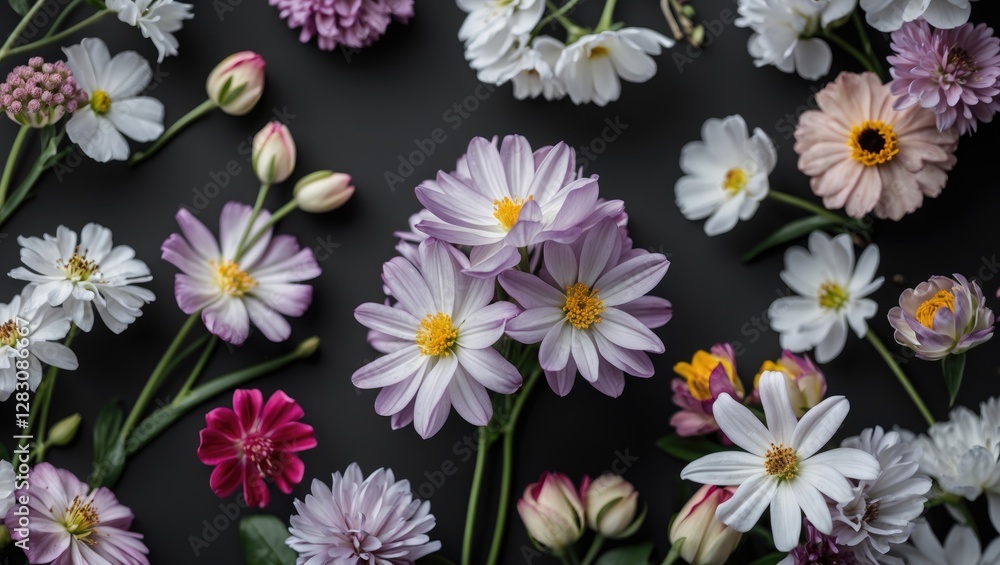 Poster assorted colorful flowers arranged on a dark background with space for text. copy space.