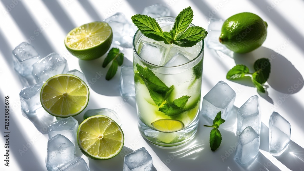 Poster refreshing mojito cocktail with lime slices and mint leaves on a light background with ice cubes and