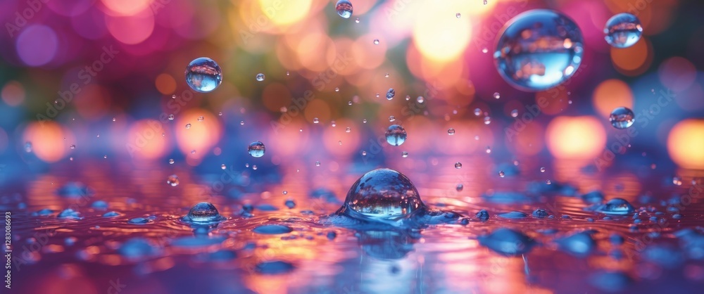 Aufkleber close-up view of water droplets on a colorful blurred background with reflections on a wet surface i