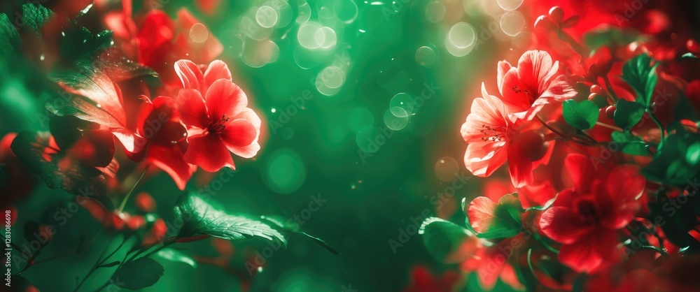 Poster red flowers with green leaves and blurred background bokeh effect in a garden setting during spring 