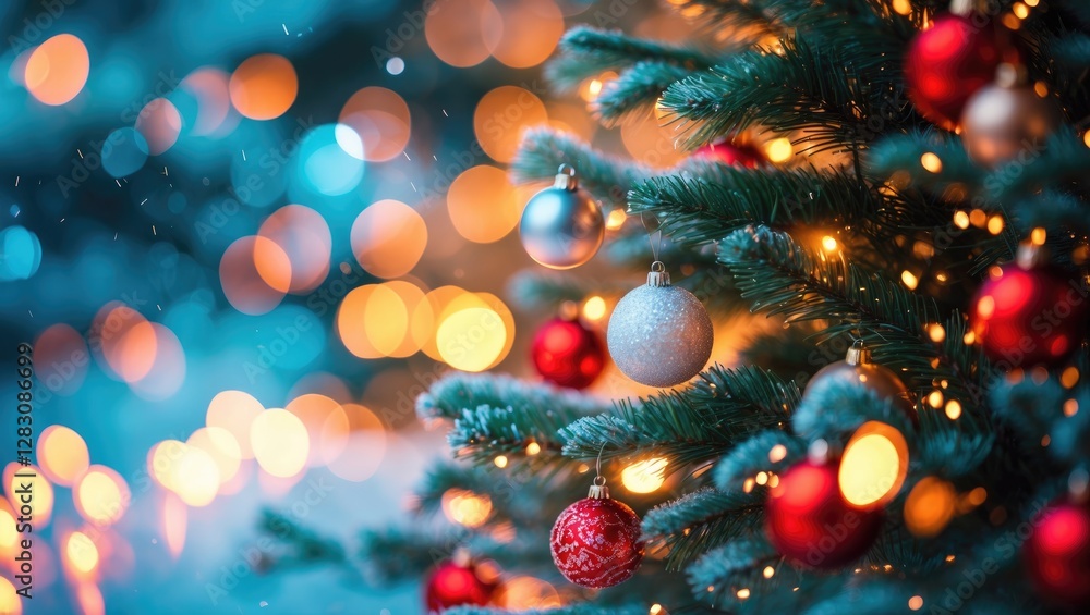 Poster christmas tree with decorative ornaments and soft glowing lights in a winter setting with snowflakes