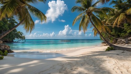 Tropical beach with palm trees and turquoise water under a blue sky with clouds and sandy shore, ideal for vacation themes, Copy Space