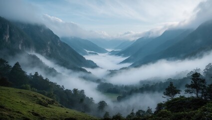 Obraz premium Foggy mountain valley landscape with dramatic clouds and lush green vegetation under a blue sky, suitable for nature backgrounds Copy Space