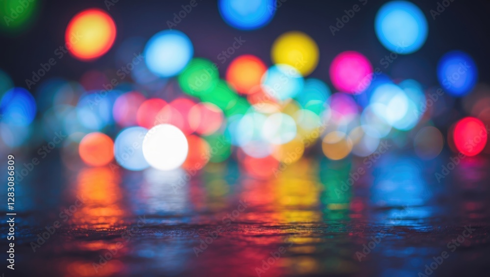 Aufkleber bokeh lights abstract background with colorful circular highlights on reflective surface at night
